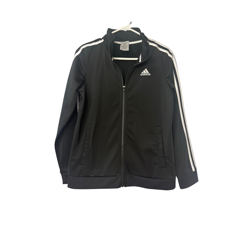 Kids Adidas Black Track Jacket White Stripes Zip Front Athleisure L 14-16‎